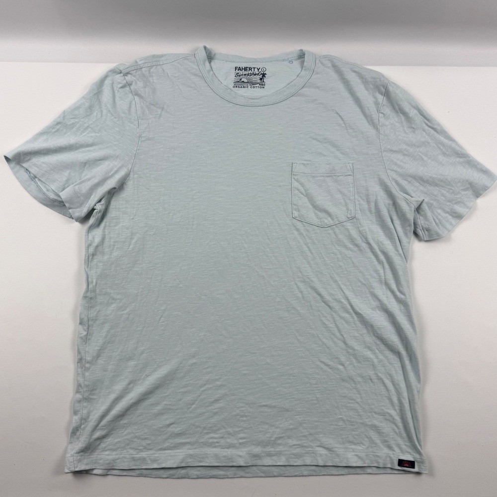 Faherty Sunwashed Pocket Tee Mens Large Sky Blue Organic Cotton MKS2519-SKY